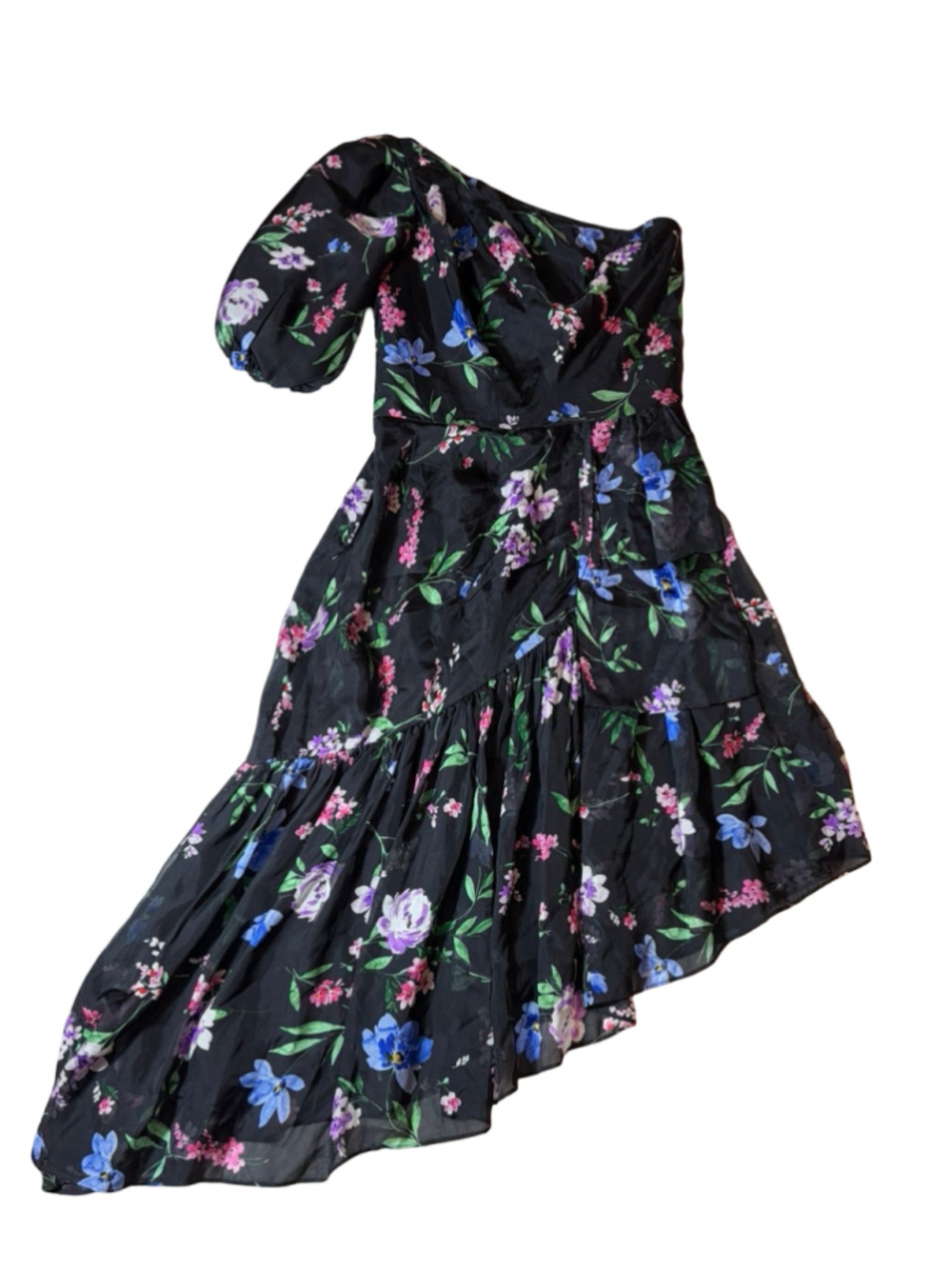 Shoshanna Midnight Size 4 Silk Blend Floral One Shoulder Ruffle Cocktail Dress